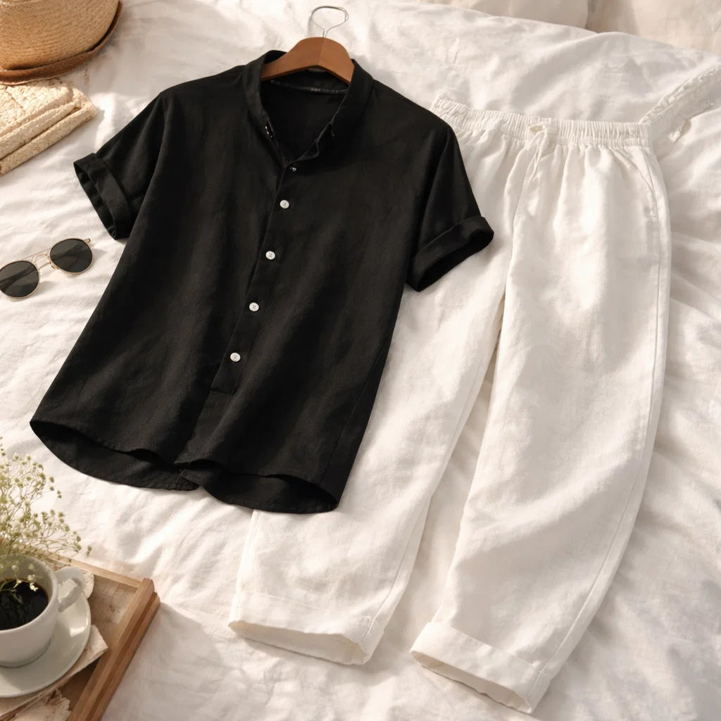 Men  Printed Short Sleeve Shirt and Pants Set – Casual Loose Fit Lapel Summer Outfit Matching Two-Piece Set