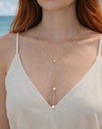 Women Adjustable Y-Shaped Pearl Pendant Necklace – Korean Fashion Geometric Alloy Chain Chic Long Necklace