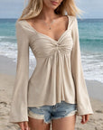 Women Elegant V-Neck Long Sleeve T-Shirt – Pleated Flared Sleeve Brushed Milk Silk Autumn Top