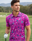 Men Golf Print Short-Sleeved Polo Shirt – Breathable Cotton Spandex Floral Performance Golf Top