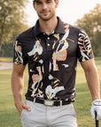 Men Golf Print Short-Sleeved Polo Shirt – Breathable Cotton Spandex Floral Performance Golf Top
