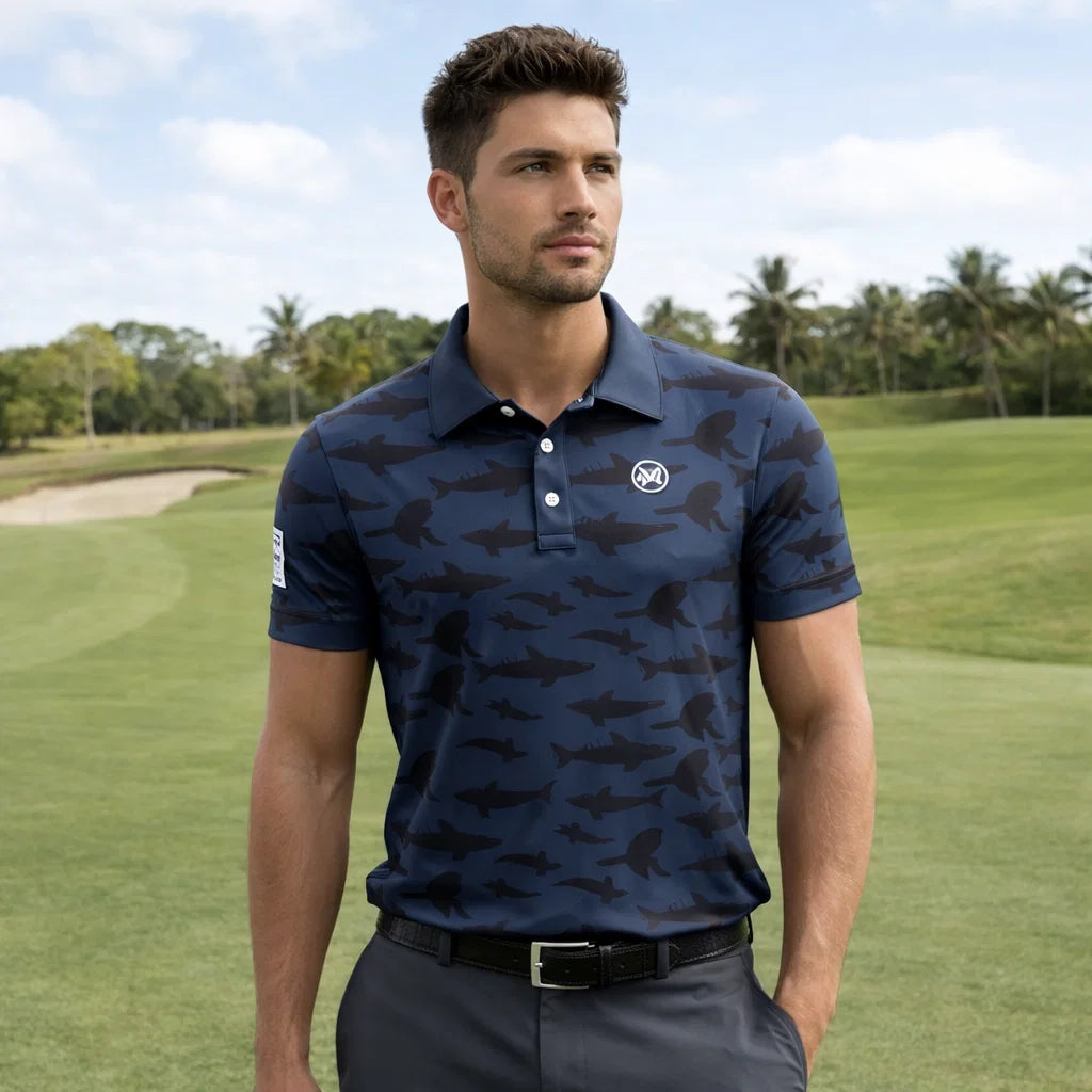 Men Golf Print Short-Sleeved Polo Shirt – Breathable Cotton Spandex Floral Performance Golf Top