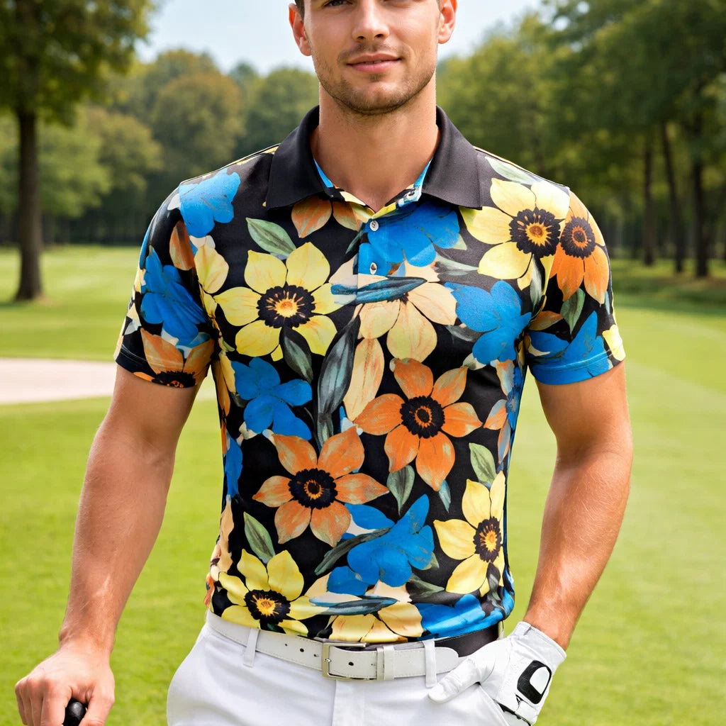 Men Golf Print Short-Sleeved Polo Shirt – Breathable Cotton Spandex Floral Performance Golf Top