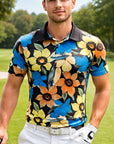 Men Golf Print Short-Sleeved Polo Shirt – Breathable Cotton Spandex Floral Performance Golf Top