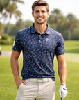 Men Golf Print Short-Sleeved Polo Shirt – Breathable Cotton Spandex Floral Performance Golf Top