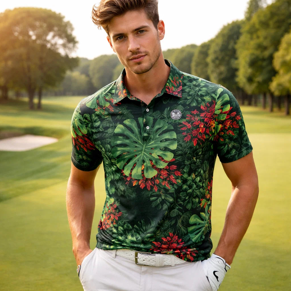 Men Golf Print Short-Sleeved Polo Shirt – Breathable Cotton Spandex Floral Performance Golf Top