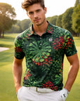 Men Golf Print Short-Sleeved Polo Shirt – Breathable Cotton Spandex Floral Performance Golf Top