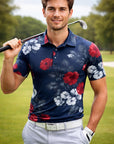 Men Golf Print Short-Sleeved Polo Shirt – Breathable Cotton Spandex Floral Performance Golf Top