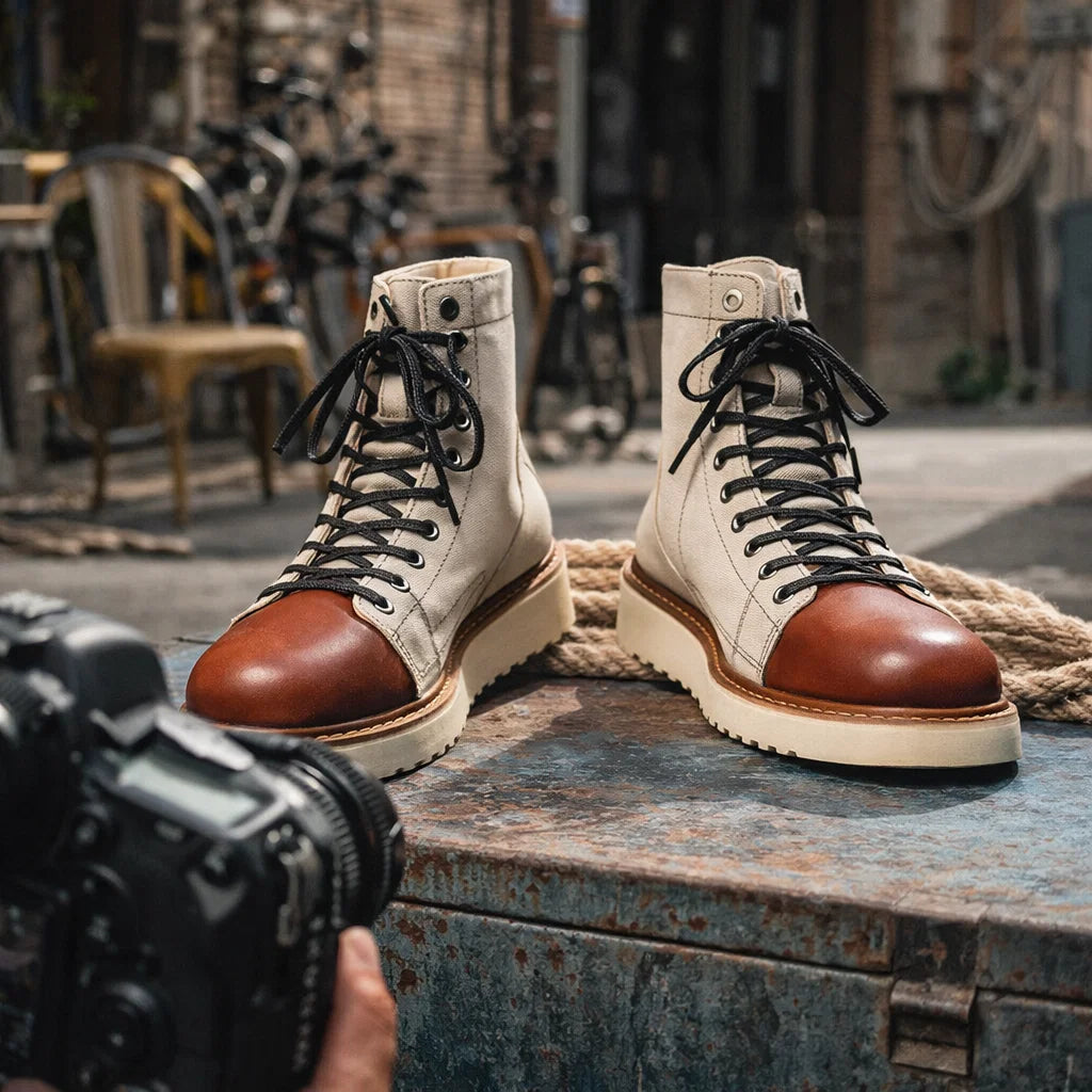 Men Genuine Leather High-Top Boots – Frosted Cowhide Lace-Up Workwear Style Anti-Slip Rubber Sole