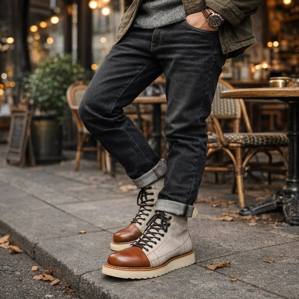 Men Genuine Leather High-Top Boots – Frosted Cowhide Lace-Up Workwear Style Anti-Slip Rubber Sole