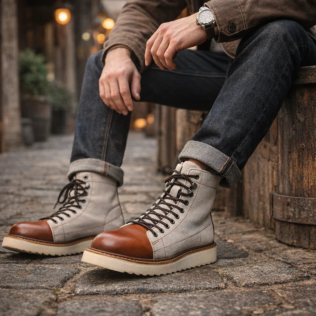 Men Genuine Leather High-Top Boots – Frosted Cowhide Lace-Up Workwear Style Anti-Slip Rubber Sole