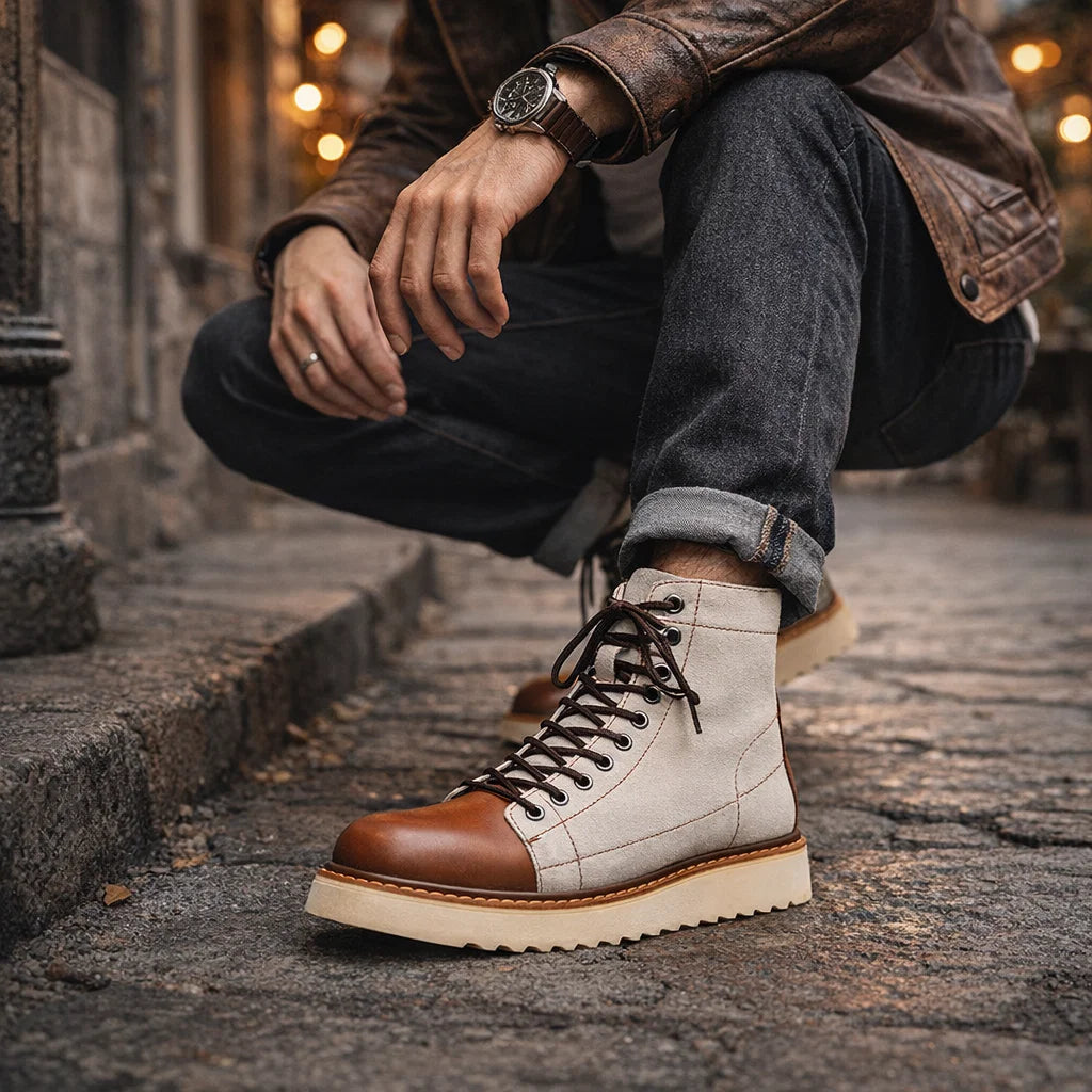 Men Genuine Leather High-Top Boots – Frosted Cowhide Lace-Up Workwear Style Anti-Slip Rubber Sole