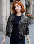Women Short Goatskin Leather Jacket – Genuine Sheepskin Lapel Single-Breasted Urban Cropped Coat