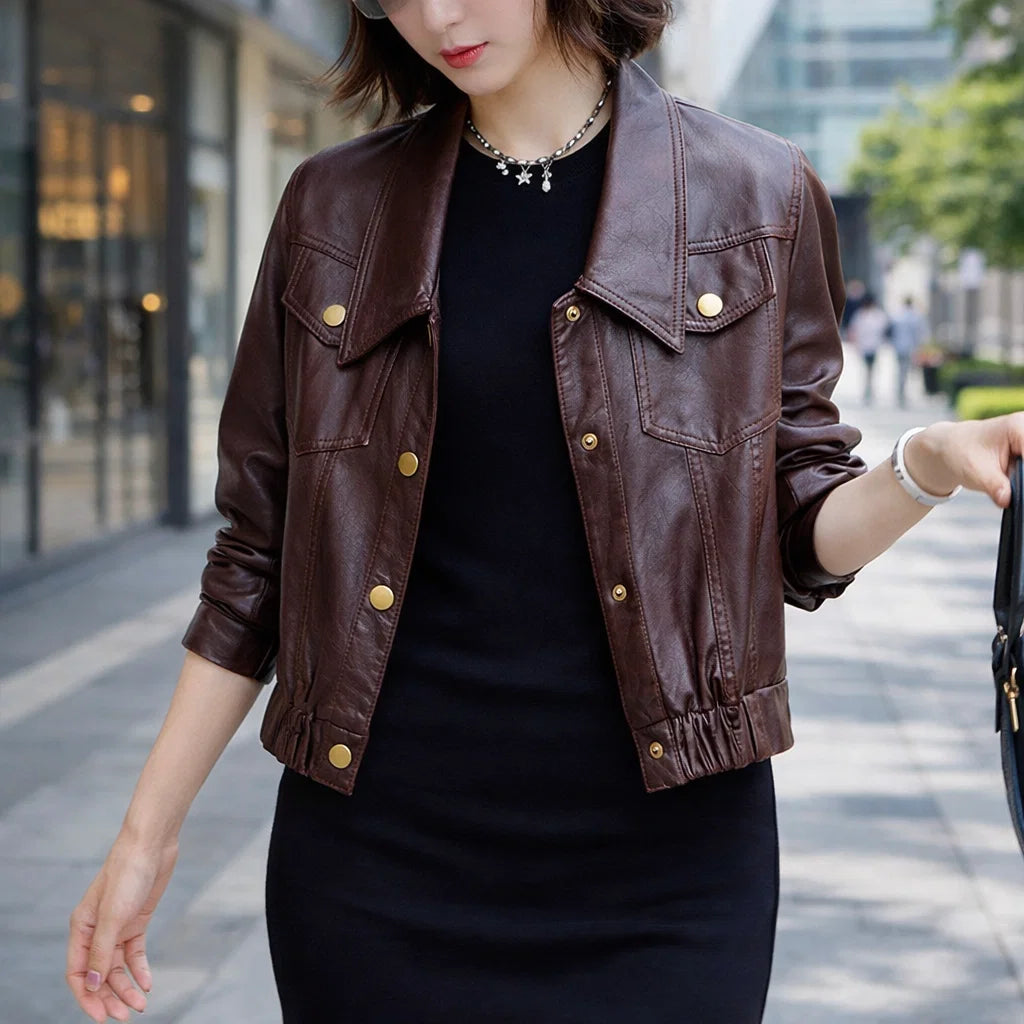 Women Short Goatskin Leather Jacket – Genuine Sheepskin Lapel Single-Breasted Urban Cropped Coat