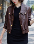 Women Short Goatskin Leather Jacket – Genuine Sheepskin Lapel Single-Breasted Urban Cropped Coat