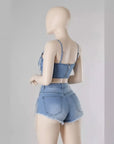 Women’s INS Pearl-Chain Denim Camisole & Shorts Set – Trendy Street Fashion Beaded Two-Piece Outfit