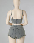Women’s INS Pearl-Chain Denim Camisole & Shorts Set – Trendy Street Fashion Beaded Two-Piece Outfit