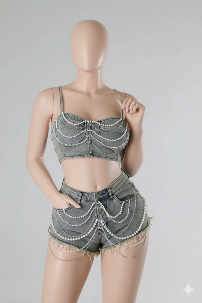Women’s INS Pearl-Chain Denim Camisole &amp; Shorts Set – Trendy Street Fashion Beaded Two-Piece Outfit